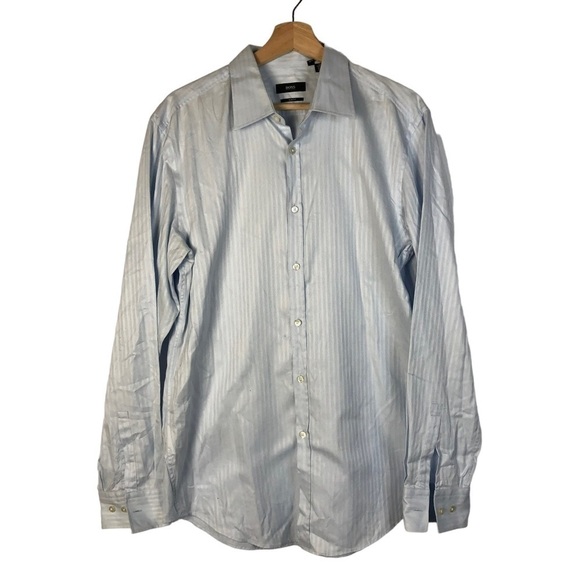Boss Hugo Boss Slim Fit Light Blue Stripe Long Sleeve Button Down 16 - Picture 3 of 6